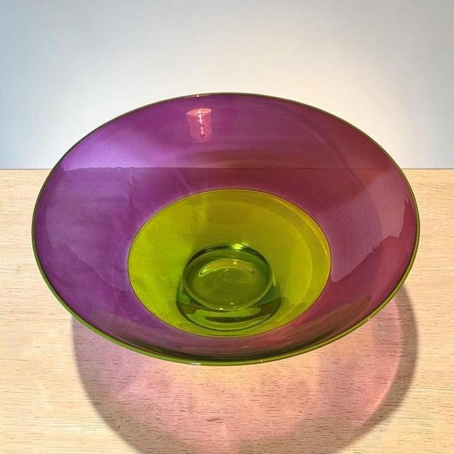 Nicholas Kekic Signed 15-Inch Two-Color Incalmo Bowl (Hyacinth and Lime With Clear Base) Large Centerpiece Bowl For Sale - Image 15 of 16