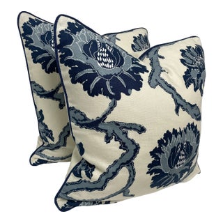 Blue and White Abstract Floral Print Pillows - Pair For Sale