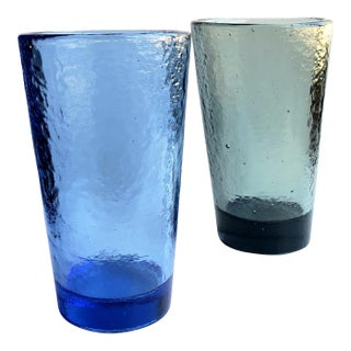 1990s Mid-Century Modern Fire & Light Hand-Blown Tumbler Glasses in Cobalt & Twilight For Sale