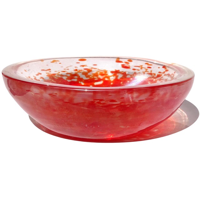 Aureliano Toso Murano Dino Martens 1950s Orange Spots Iridescent Surface Italian Art Glass Decorative Bowl, as Is For Sale - Image 4 of 11