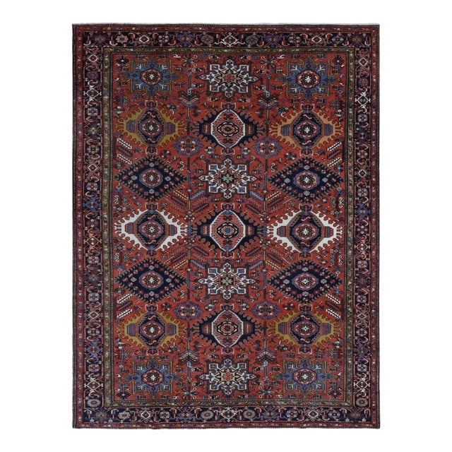 1930 Red Antique Persian Karajeh Geometric Medallions Hand Knotted Pure Wool Rug For Sale