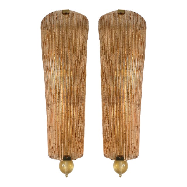 Large Contemporary Pair of Brass Salmon Gold Leaf Murano Glass Sconces, Italy For Sale