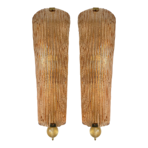Large Contemporary Pair of Brass Salmon Gold Leaf Murano Glass Sconces, Italy