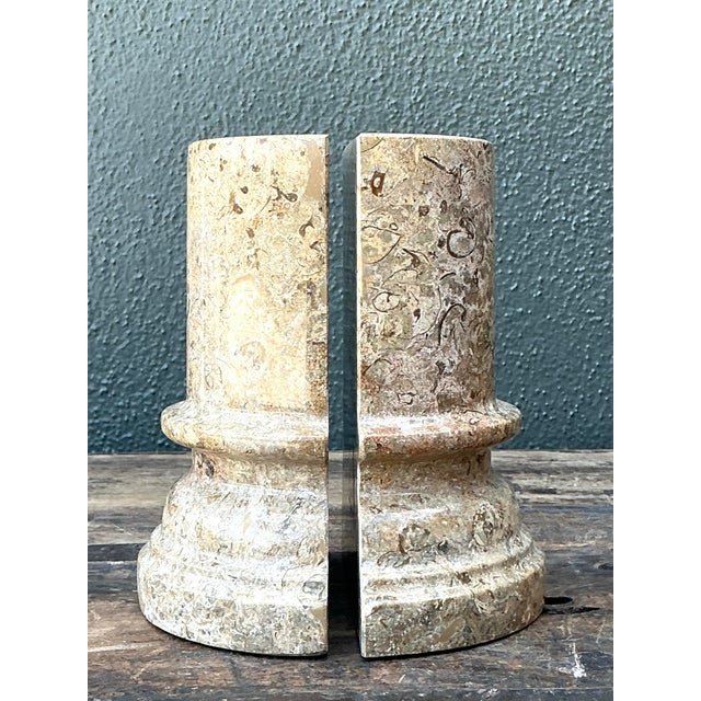 Sand Vintage Marble Column Bookends – Set of 2 For Sale - Image 8 of 12