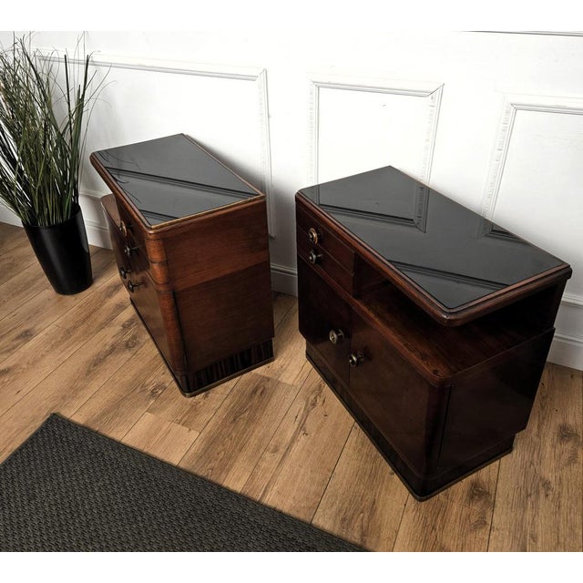 Art Deco Italian Nightstands in Wood and Black Glass Top, 1940s, Set of 2 For Sale - Image 9 of 11