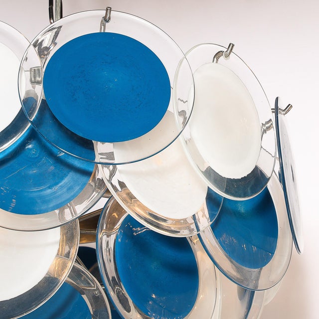 Modernist Four-Tier White & Cerulean Murano Glass Disc Chandelier For Sale - Image 4 of 12