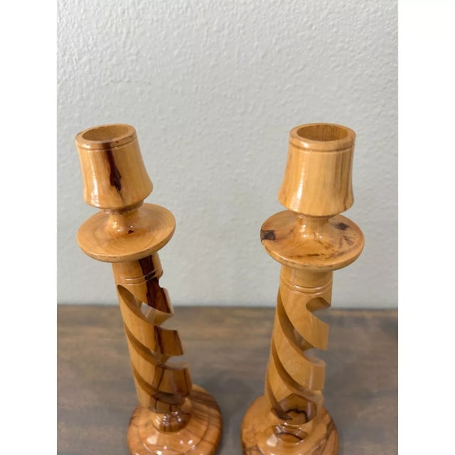 Vintage Hand Carved Olive Wood Swirl Spiral Candle Holders- Set of 2 For Sale - Image 4 of 5