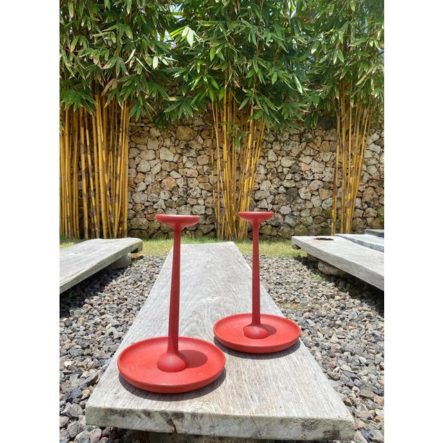 This stunning pair of Japanese red lacquered candle holders are exceptionally rare. They feature an elegant circular...