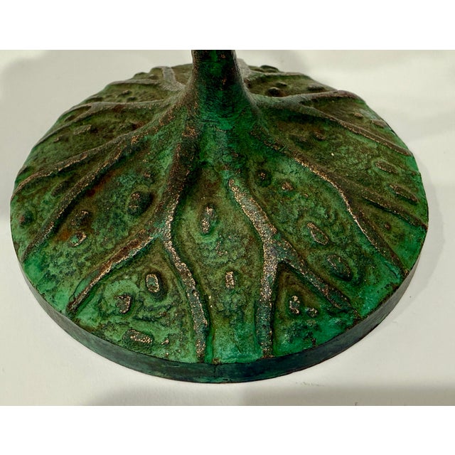 Art Nouveau Brass Candle Holder W/ Green Patina Pillar & Spike Nature Design For Sale - Image 4 of 7