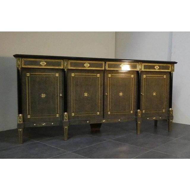 Louis XVI Style Hollywood Regency Sideboard in Burl Wood, Grey Lacquer and Brass, France, 1980s For Sale - Image 4 of 18