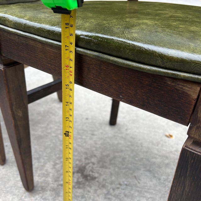 1970s Collection of Green Leather Gun Lock Style Wooden Dining Chairs- Set of 6 For Sale - Image 10 of 12