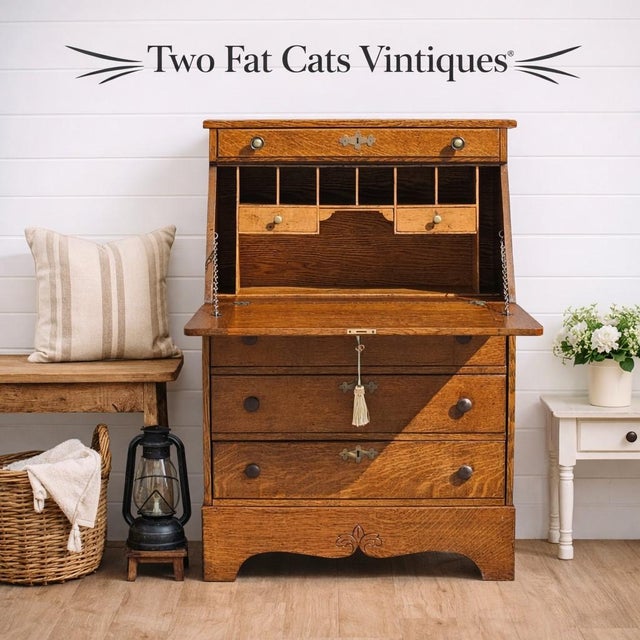 Victorian Antique Victorian Oak Slant-Top Secretary Desk | Governor’s Desk | C. 1870s For Sale - Image 3 of 17