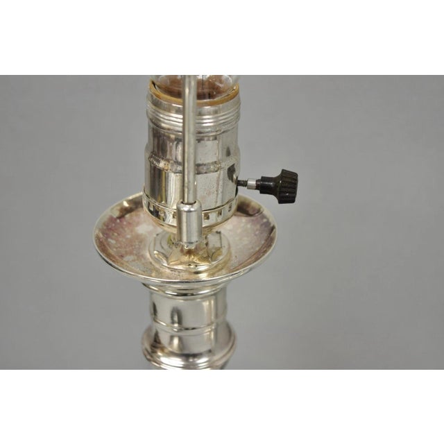 Antique English Regency Silver Plated Footed Candlestick Table Lamps - A Pair For Sale - Image 11 of 16