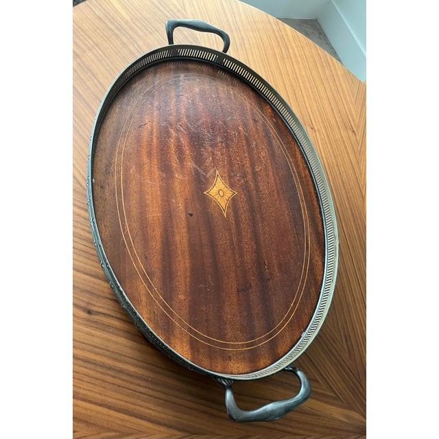 Wood 1800s Meriden Britannia Co. Mahogany Butler's Tray With Inlay For Sale - Image 7 of 12