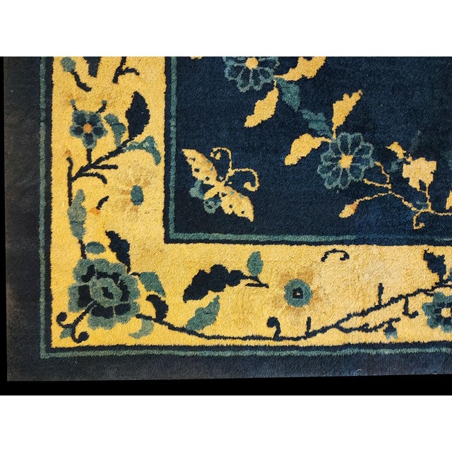 1930s 1930s Floral Inlay Antique Open Field Medallion Small Navy Chinese Peking Rug For Sale - Image 5 of 9