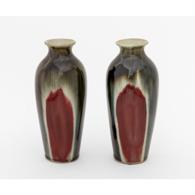 Pair of Studio Art Pottery Bottle Vases, polychrome glazed stoneware. 8" H x 3.25" Diameter. Provenance: From a Brooklyn...
