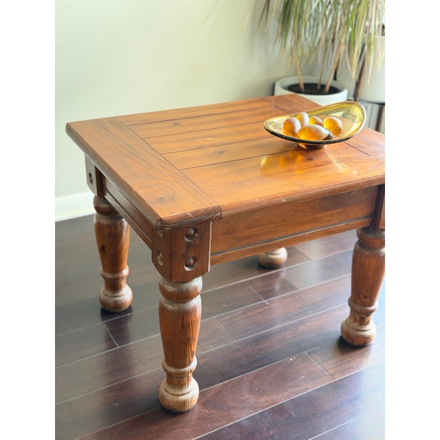 Vintage Rustic Solid Pine Square End Table — Turned Baluster Leg Farmhouse Spanish Colonial Side Table For Sale - Image 12 of 12