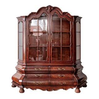 1940s Grand Mahogany Breakfront China Cabinet With Bombe Base For Sale