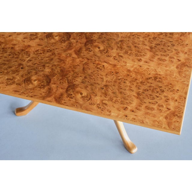 Wood Three Legged Coffee Table in Burl Elmwood by Carl Malmsten for Carl Malmsten, Sweden, 1960s For Sale - Image 7 of 15