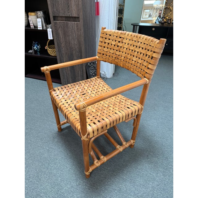 Mid-Century Modern In the Style of McGuire Lattice Leather Strip Safari Chair For Sale - Image 3 of 12