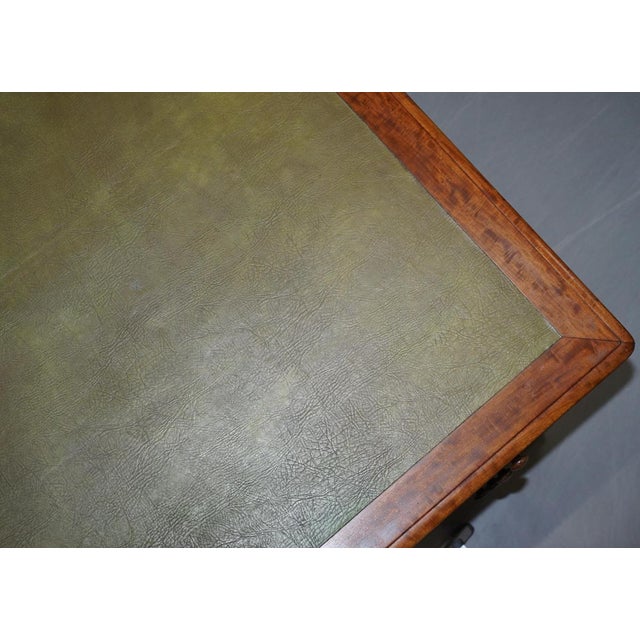 Gold Victorian 4-Sided Pedestal Desk in Flamed Hardwood & Green Leather For Sale - Image 8 of 18