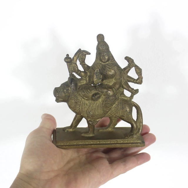 Vintage Brass Statue of Hindu Goddess Durga Riding a Lion a Symbol of Strength Protection and Motherhood Shiva For Sale - Image 9 of 9