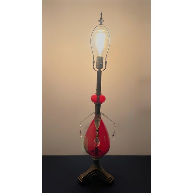 Mid-Century Modern Mid-Century Modern Ruby Red Glass Lamp With Gilt Brass and Crystal Prisms For Sale - Image 3 of 9