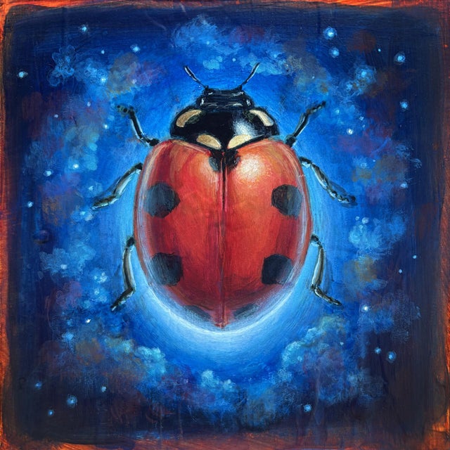 Space Beetle 01 by Stacy D'Aguiar | Acrylic on wood of a red ladybug in a cosmic background For Sale