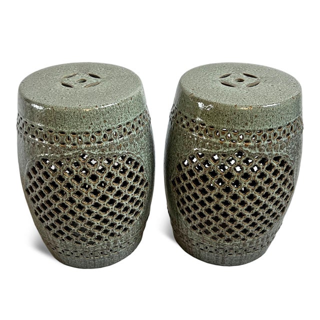 Green Ceramic Medallion Green Garden Stool For Sale - Image 8 of 9