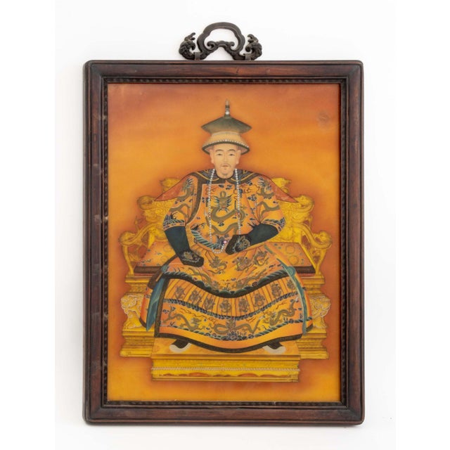 Glass Pair of Chinese Ancestor Portraits Reverse Glass Paintings For Sale - Image 7 of 12