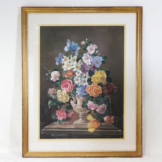 Vintage Floral Still Life Painting With Iris Roses and Camellias in Ornate Gold Frame For Sale - Image 11 of 11