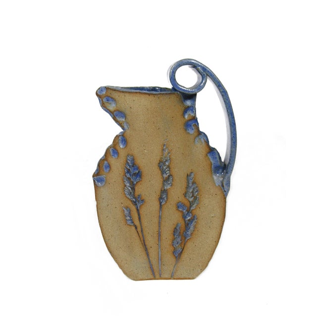 Mid-Century Modern 1970s Hand-Crafted Stoneware Pitcher With Carved Leaves - Signed by Artist For Sale - Image 3 of 11