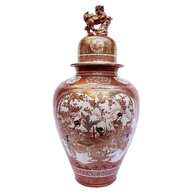 Large Kutani Porcelain Vase, Meiji Period, late 19th century, with a red background and rich gold decoration of flowers,...