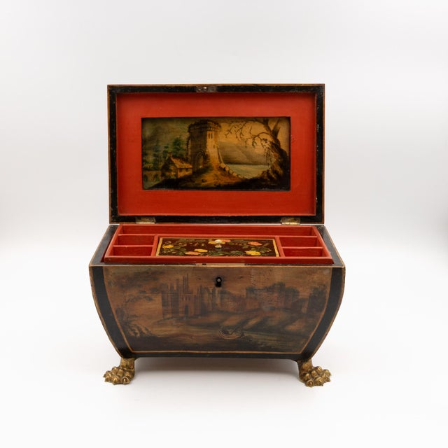Regency Painted and Penwork Bombe Box on Gilt Lion Paw Feet, English, Circa 1820 For Sale In San Francisco - Image 6 of 12