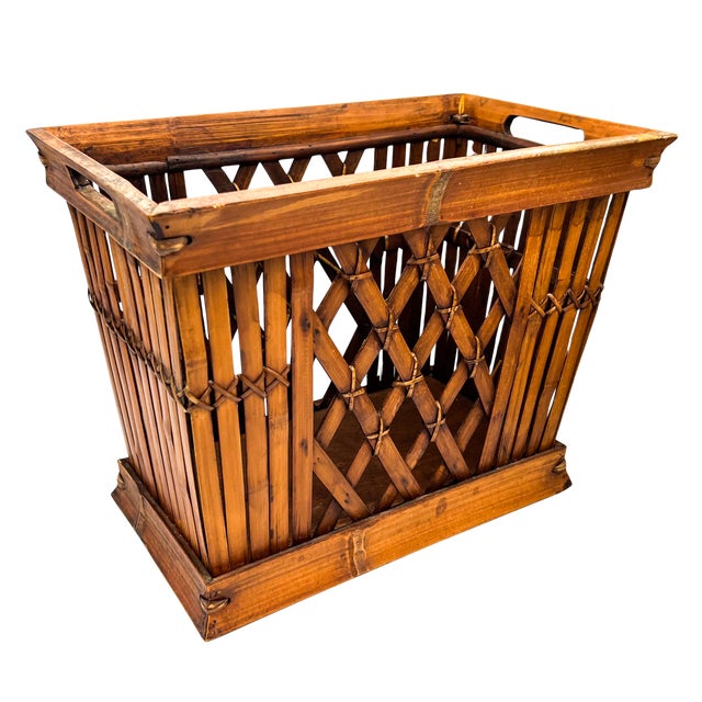 Wood Vintage Handcrafted Bamboo & Rattan Lattice Storage Basket – Chinoiserie / Coastal For Sale - Image 7 of 11