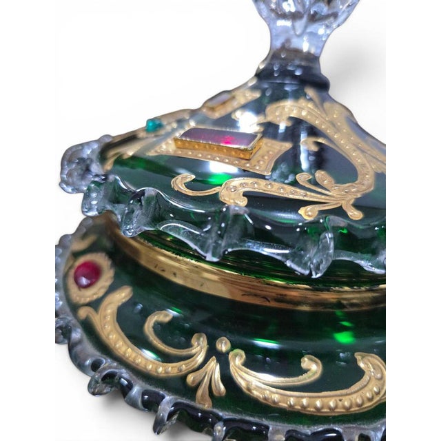 Venetian Emerald Green Glass Covered Bonbonnière with Gilt Decoration and Jewele, 1950 For Sale - Image 4 of 14