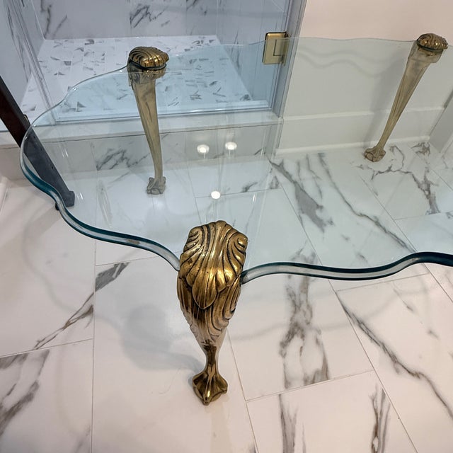 Mid 20th Century Vintage P. E. Guerin Style Glass Coffee Table With Brass Legs For Sale - Image 5 of 10
