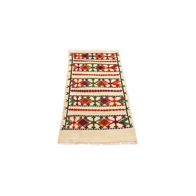 Mid-Century Modern Small Vintage Embroidered Kilim Rug - 1`10″ X 3`10″ Ft. For Sale - Image 3 of 6