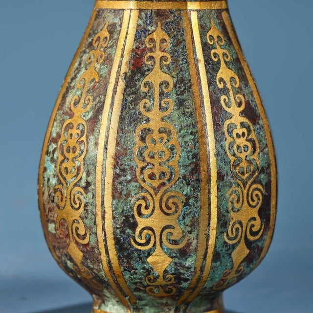 Pair of Vintage Bronze Vases With Gold Inlay - Archaic Style Hu Vessels For Sale In Los Angeles - Image 6 of 8