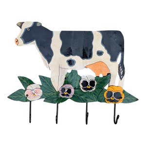 Vintage Folk Art Tole Metal Cow Wall Hooks Key Holder