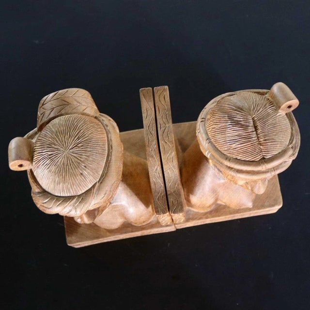 Tan Vintage Tribal Figural Bookends Male and Female Hand Carved Wood- A Pair For Sale - Image 8 of 13