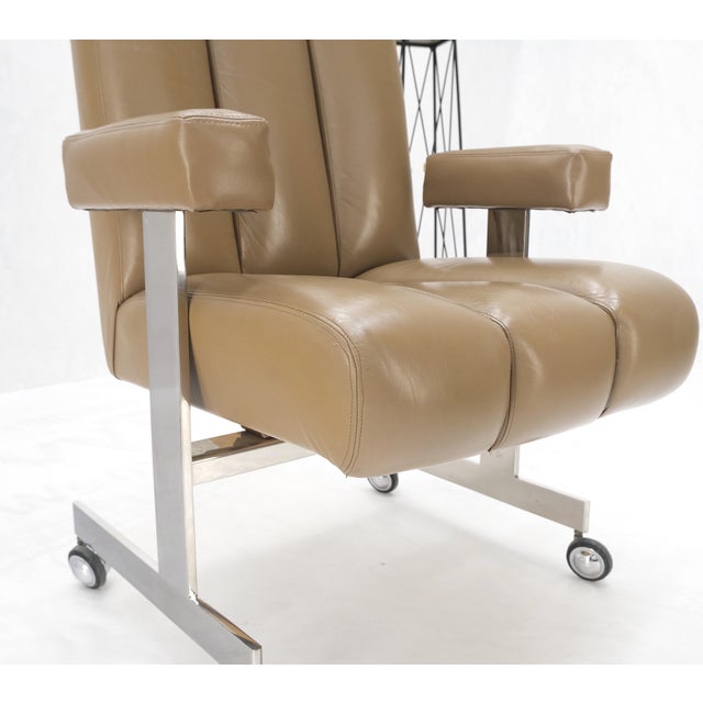 Vladimir Kagan Leather Ribbed Style Upholstery Heavy Stainless Base Desk Chair For Sale - Image 6 of 12