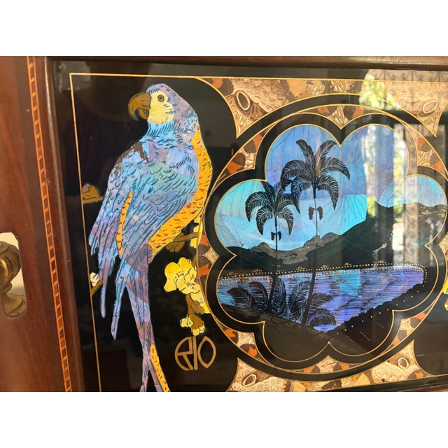 Wood Vintage Brazilian Tray With Butterfly Wing Mosaic and Parrots For Sale - Image 7 of 9