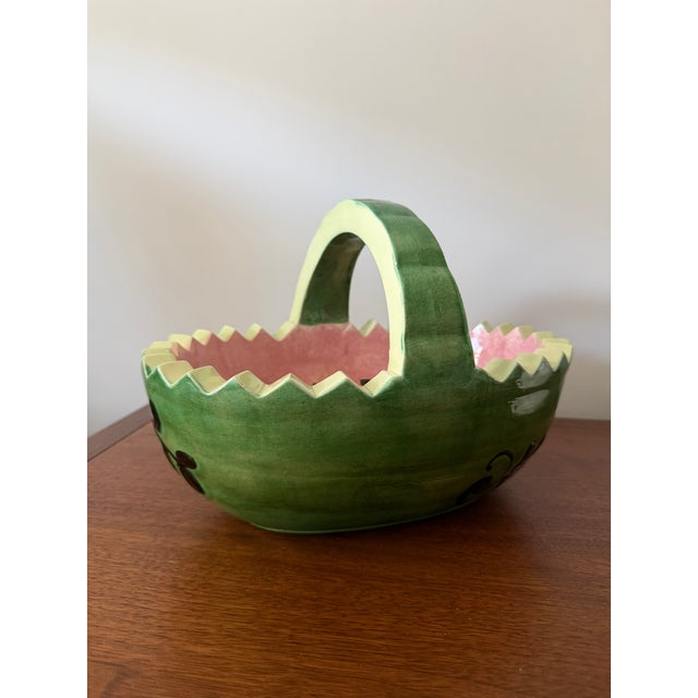 Mid-Century Modern Vintage Ceramic Watermelon Basket Serving Bowl With Handle | Hand-Painted Mid-Century Summer Entertaining Fruit Basket For Sale - Image 3 of 9