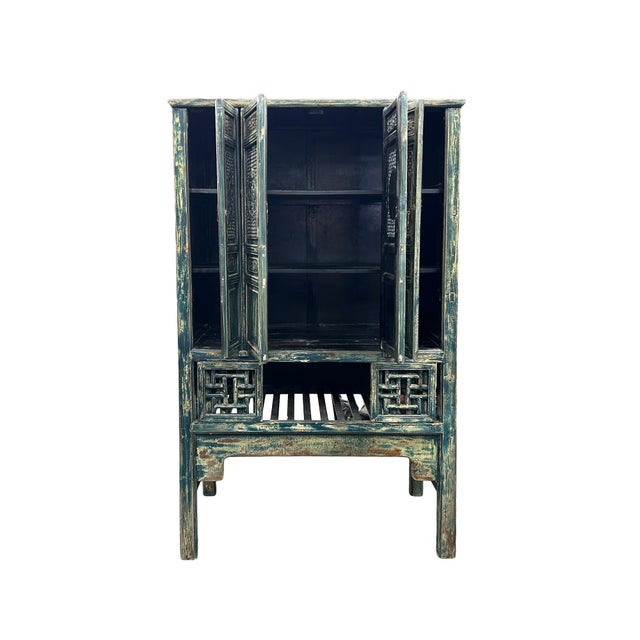Vintage Distressed Teal Blue Oriental Carving Storage Cabinet For Sale - Image 11 of 12