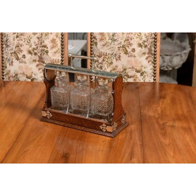 Brown 19th Century English Victorian Locking Tantalus with Three Cut Glass Decanters For Sale - Image 8 of 12