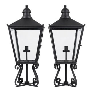 Vintage English Iron Gate Post Lanterns - a Pair For Sale