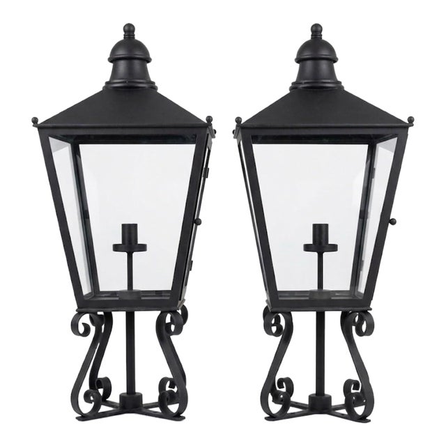 Vintage English Iron Gate Post Lanterns - a Pair For Sale
