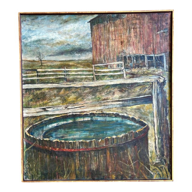 Late 20th Century Rustic Barn Scene Oil Painting, Framed For Sale