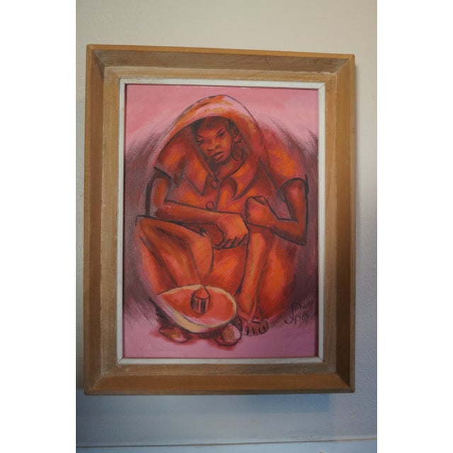 Paint 1960s Petion Savain Signed Haitian Pink Figural Painting, Framed For Sale - Image 7 of 12